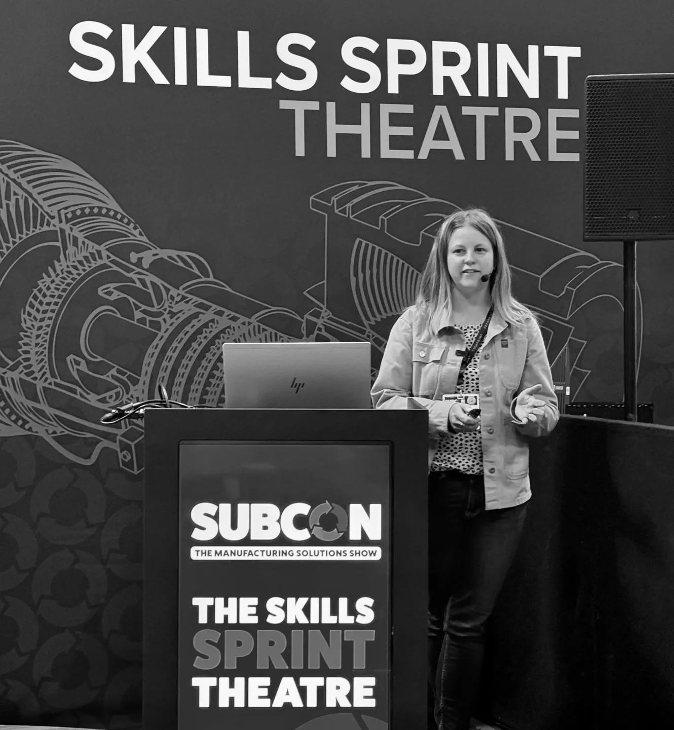 Subcon-skills-theatre-b+w copy Sara presenting Skills Share